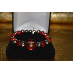 Women's Elastic Bracelet with Red Jasper & Glass & Silver Beads.