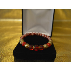 Men's Elastic Bracelet with Red Jasper & Glass Golden Pearl beads