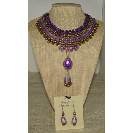 Purple Glass beaded choker necklace set
