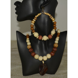BROWN TAN WOODEN BEADED SET NECKLACE & EARRINGS