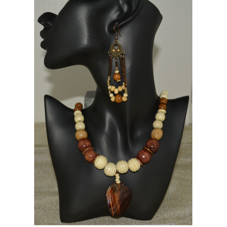 BROWN TAN WOODEN BEADED SET NECKLACE & EARRINGS