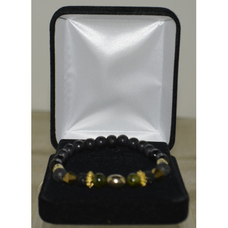 Men's bracelet  with green malachite, black & gold beads
