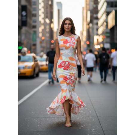 Body Con Full Length/Peplum Dress  - White Floral