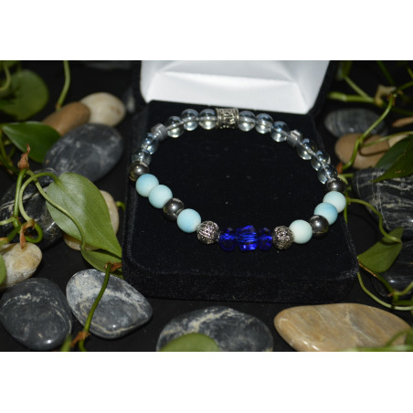 Men's bracelet accentuated with matte, glass & crystal, silver beads